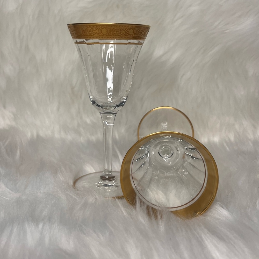 Vintage Tiffin Rambler Rose Optic Wine Stem Gold Trim